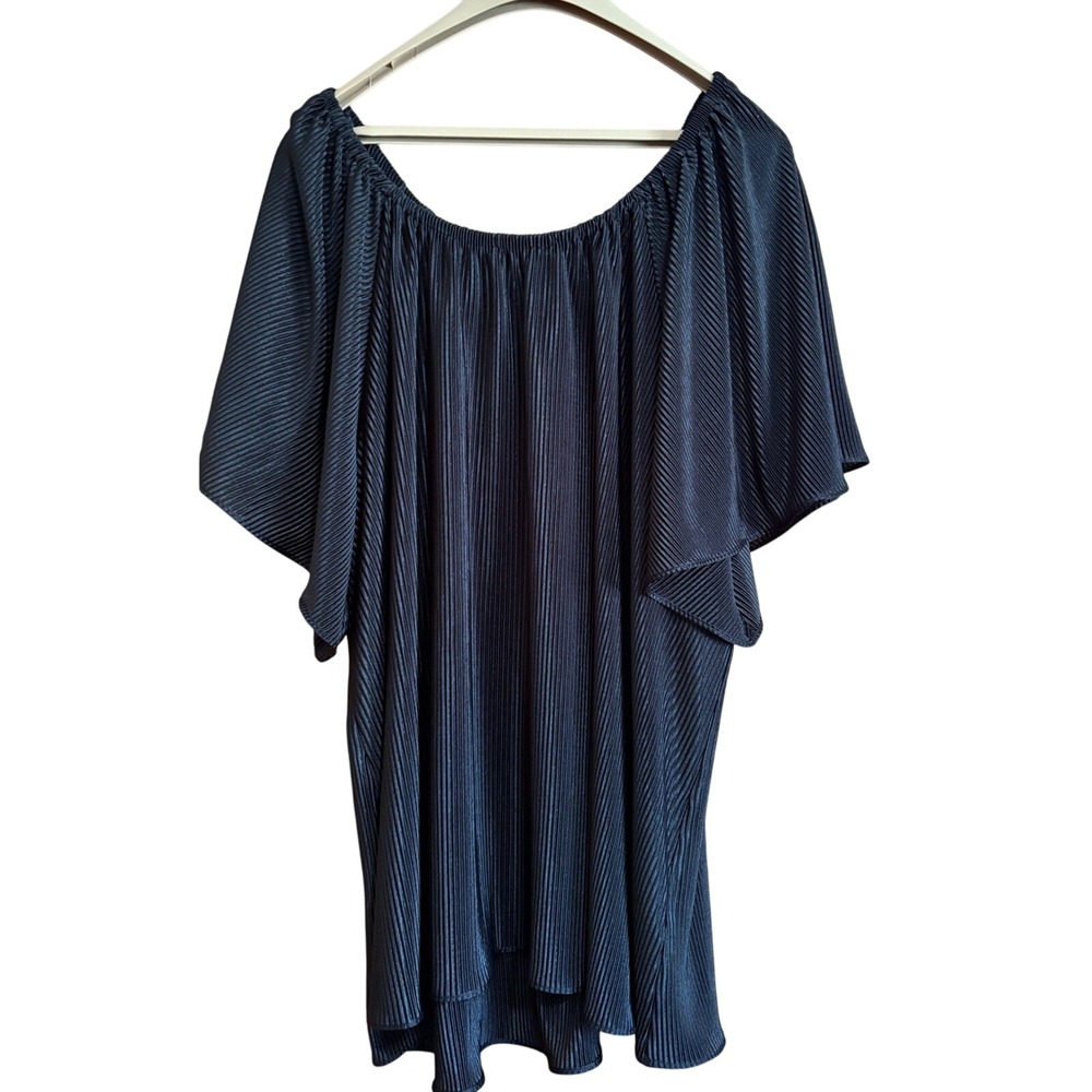 Roz & Ali Womens Tunic Top‎ 3X Black Plisse Flutter Off Shoulder Whimsigoth Work